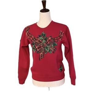 Vintage Lee Sweatshirt Handmade Graphic Applique Holly Plaid Ribbon Christmas